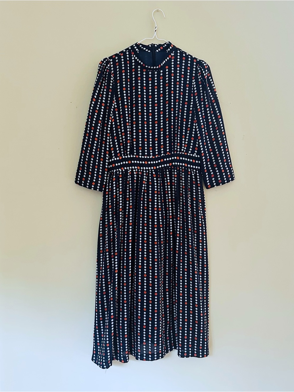 New Navy Polka Dot Midi Dress with Red & White Dots